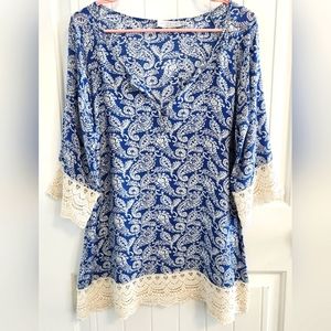 SOLITAIRE RAVI KHOSLA Blue Paisley Design With Detail Crochet Medium Top Tunic